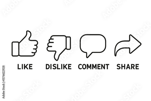 Social Media Reaction Icons Set. Like, Dislike, Comment, Share Buttons. Outline Vector Illustration for Video, Blog, Website, App, UI. Minimalist Social Interaction Symbols