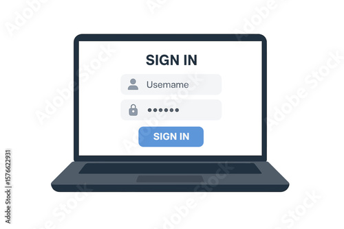 Login form on laptop screen. Sign in to account. User authentication page with username and password fields. Web interface for authorization. Online security and data privacy vector.