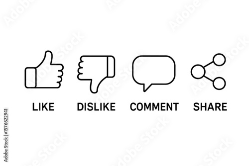 Social Media Reaction Buttons Panel. Like, Dislike, Comment, Share Icons. Outline Vector Set for Video, Blog, Website, UI, App. Minimalist Social Interaction Symbols. Transparent Background.