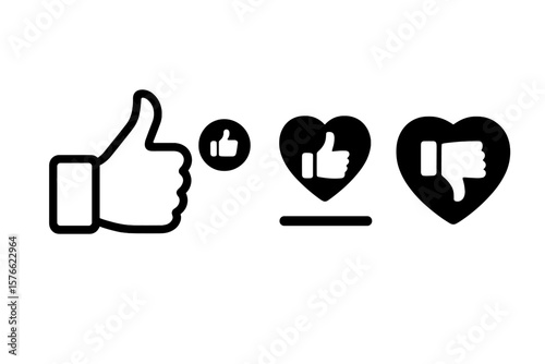 Thumbs Up and Down Like Dislike Button Icons Set, Social Media Heart Reaction Symbols, Black and White Vector Illustration, Transparent Background, User Feedback Concept