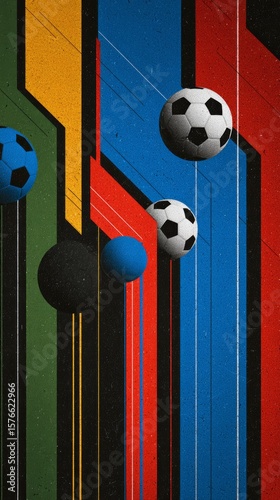 Dynamic soccer ball design with vibrant colors and geometric patterns on a textured background