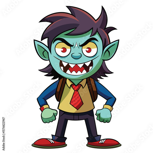 Cartoon vampire boy, standing, with a backpack, tie, and school clothes