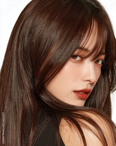 Young woman showcases her long, shiny, brown hair and stylish lip color for a beauty portrait.