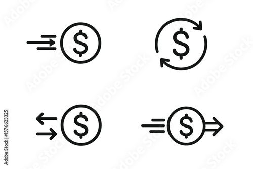 Money transfer icon set. Sending and receiving money symbols. Fast payment, express bank transaction. Dollar currency exchange, cashback and refund line icons for finance app.
