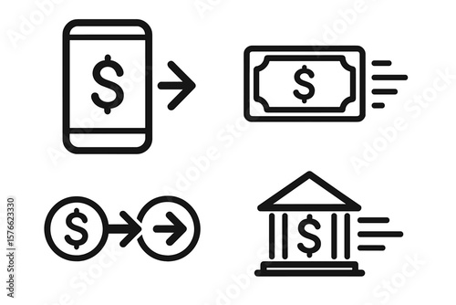 Money transfer icon set. Sending money symbol with us dollar sign. Fast payment, express bank transfer system. Digital wallet, online finance, mobile banking vector icons.