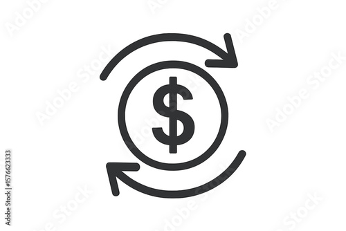 Money transfer icon. Cash back or currency exchange symbol. Dollar sign with arrows for finance, banking, or payment apps. Financial transaction or refund vector logo.