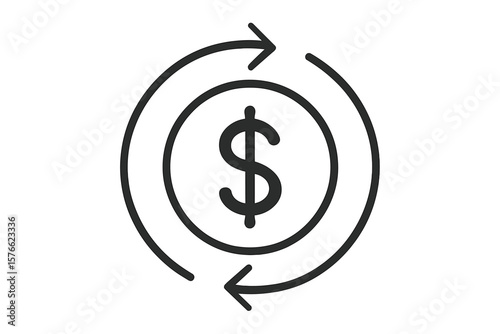 Money transfer icon. Cash flow symbol. Currency exchange, cashback and refund sign. Financial, investment and banking concept. Dollar coin with arrows for transaction.