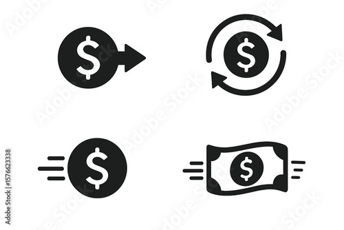 Money transfer icon set. Sending money symbol with US dollar sign. Fast payment, express bank transfer system. Fintech app element. Quick transaction, cashback, currency exchange.