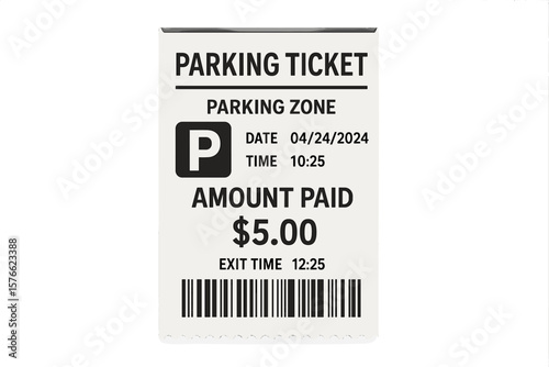 Parking ticket receipt template. Paper parking zone ticket with barcode, payment amount, date, time, exit, car park fee, entrance, pay station. Printable vector design