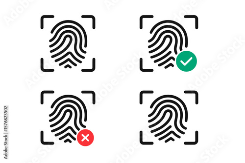 Fingerprint Scan Icons Set. Biometric Authentication, Security Approval and Denial Symbols. Mobile App, UI, Website Access Control. Vector Illustration. Digital Identity Verification.