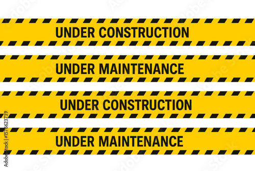 Under Construction and Maintenance Barricade Tape Set. Yellow Black Striped Warning Tape. Caution Barrier. Construction Site Safety. Vector and Transparent PNG Illustration