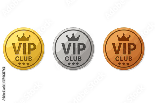 VIP Club Membership Badge Set. Gold, Silver, Bronze Round Labels with Crown and Stars. Premium Loyalty Program Icons. Exclusive Access, Elite Status, Reward Level, Modern Vector Design