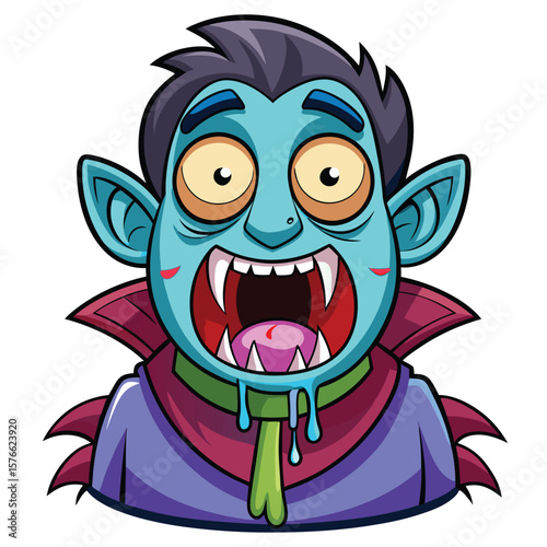 Cartoon vampire face with wide open mouth and dripping saliva