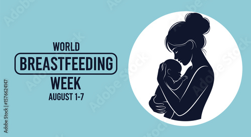 World breastfeeding week poster with mother holding baby silhouette on light blue background
