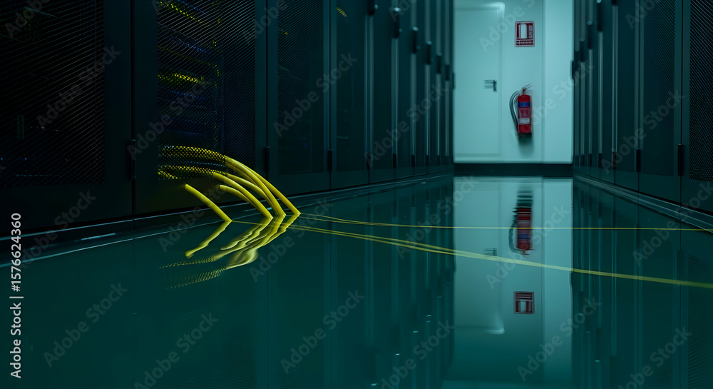 Obraz premium Severe Water Damage: Network Cables Submerged on Reflective Floor in a Data Center Server Room