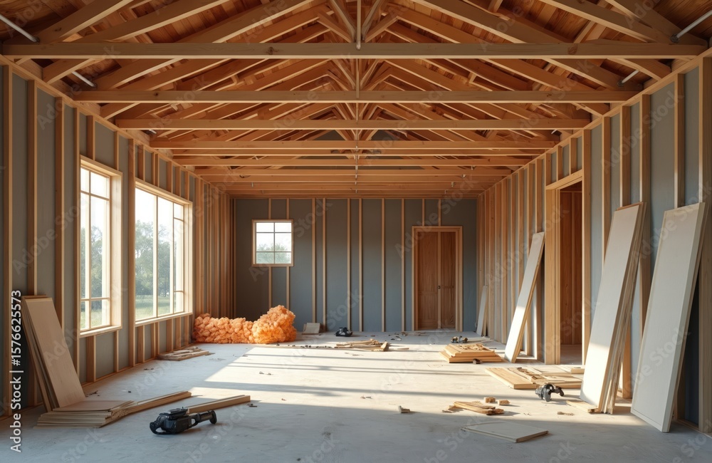Fototapeta premium Construction of modern house interior showing unfinished second floor framing. Wood beams, studs, windows, doors define space. Building materials scattered on concrete floor suggest active renovation