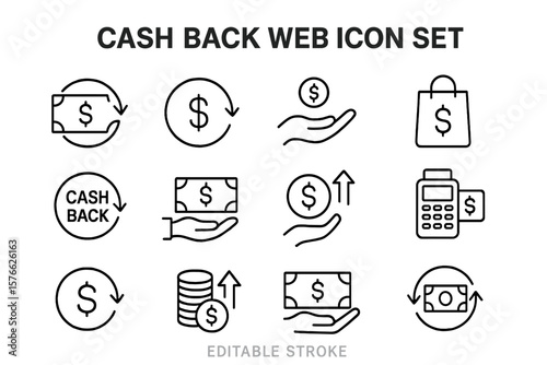 Cash back and money refund line icon set. Loyalty program, rewards, savings, e-commerce concepts. Financial pictograms for profit, income, payment, gain. Vector illustration.