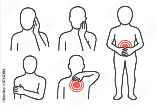Pain localization icon set. Red circle marks human pain. Vector symbol for headache, toothache, stomach ache, menstrual, joint, muscle pain. Hurt body part marker infographic.