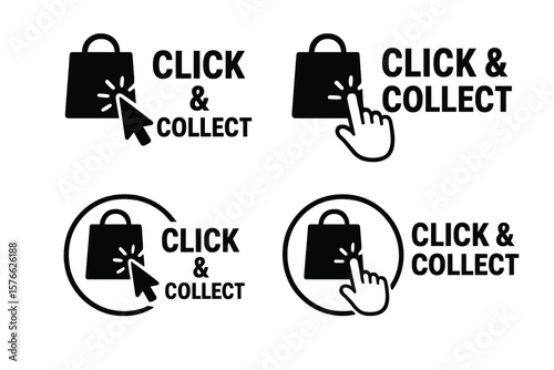 Click and Collect service icon set. Features mouse cursor and hand pointer symbols for online ordering and internet shopping. E-commerce and retail technology concept vector.