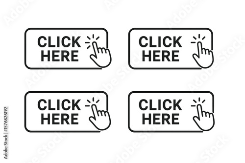Click here button vector set with hand pointer cursor. Modern action button for website design. Web element icon collection for user interface, click-through, call to action.
