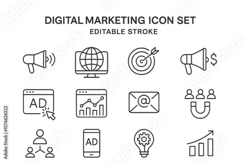 Digital marketing thin line icon set. Editable stroke vector icons for web, mobile app, seo, advertising. Business strategy, promotion, social media, analytics concepts.
