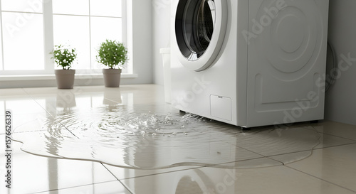 Significant Water Damage from Leaking Washing Machine on Tiled Floor