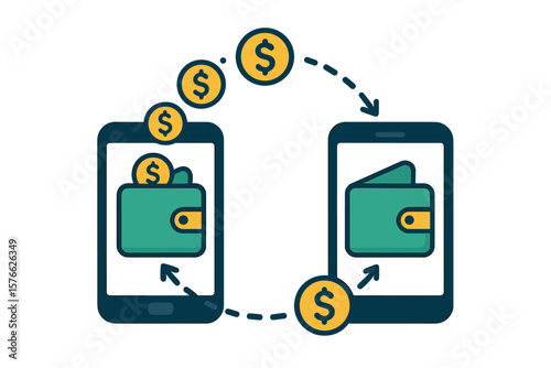 Digital wallet money transfer. Sending, receiving money. Online payment transaction. Mobile banking. Fintech e-wallet concept. Capital flow, financial savings, cashback icon.