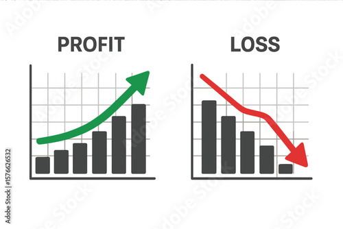 Financial profit and loss graph charts. Green arrow up, red arrow down. Business investment trading concept. Stock market growth and decrease, economic success and crisis.
