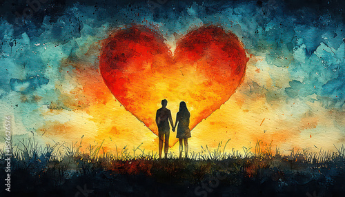 Watercolor of a couple's silhouettes inside a heart-shaped frame, watching a dramatic sunset