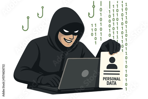 Hacker with laptop stealing personal data. Cyber criminal phishing attack. Internet security fraud and web scam concept. Identity theft privacy risk with binary code.