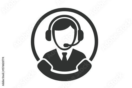 Call center icon with agent wearing a headset. Customer support service concept. Hotline operator for help, consultation, and assistance. Online telemarketing vector logo.