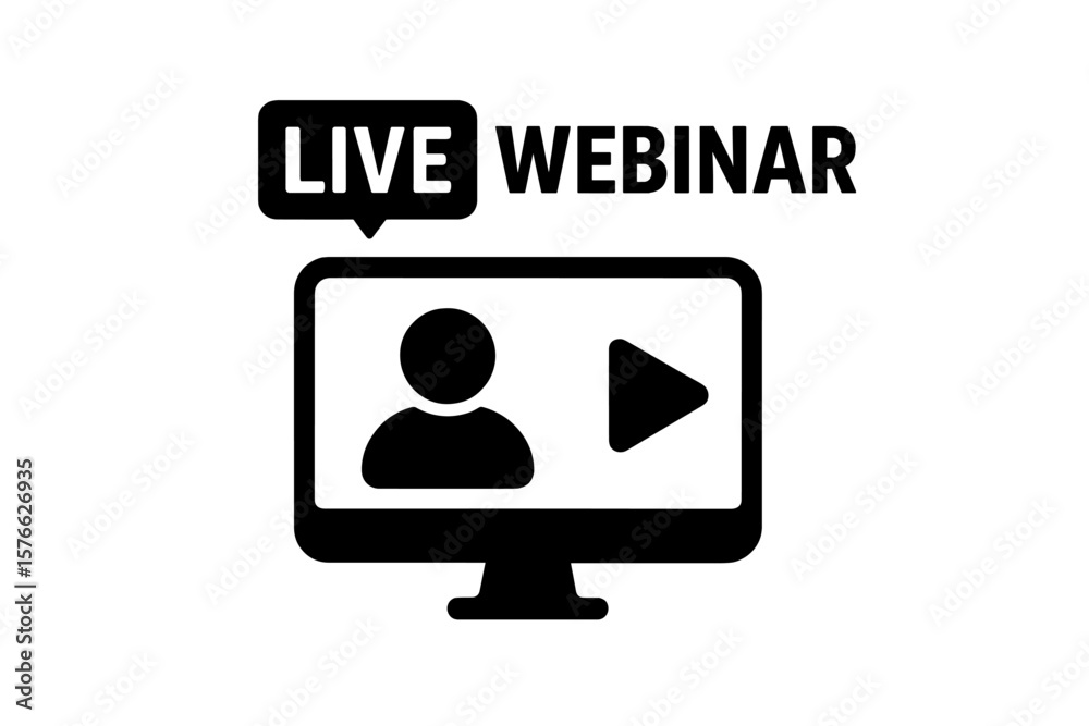 Live webinar icon concept. Online video conference and internet broadcast symbol. E-learning and distance education metaphor. Virtual meeting and live streaming vector graphic. Live webinar icon concept. Online video conference and internet broadcast symbol. E-learning and distance education metaphor. Virtual meeting and live streaming vector graphic.