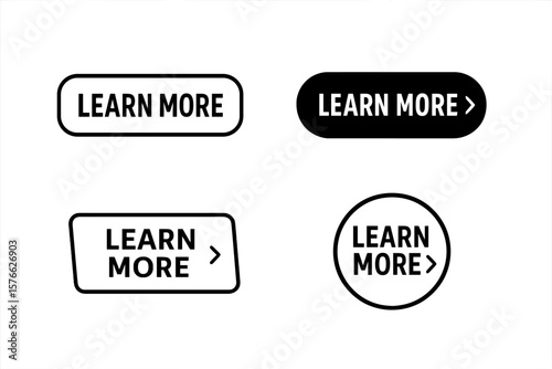 Learn more web button set. Read more icon collection. Call to action CTA graphic element for website and app design. Modern user interface vector for UI UX navigation menu.