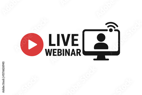 Live webinar icon with play button. Video internet conference symbol for online meeting or e-learning. Live stream internet broadcast for distance education and business.