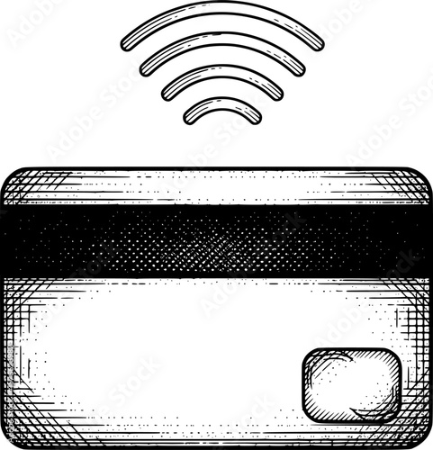 Credit card with wireless signal for contactless payment, hand-drawn style