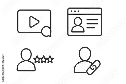 Web and media icon set. Line style icons for user interface design. Video content, user profile page, customer star rating and review, referral link connection symbol.