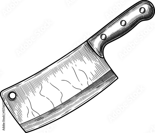 Butcher’s cleaver blade at angle with details, hand-drawn style