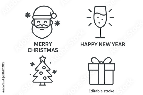 Christmas and New Year line icon set. Santa, gift box, champagne, Xmas tree. Vector editable stroke symbols for web, mobile app, UI, UX design, winter holiday celebration.