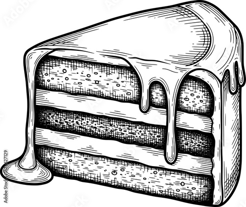 Slice of layered cake with dripping icing, hand-drawn style