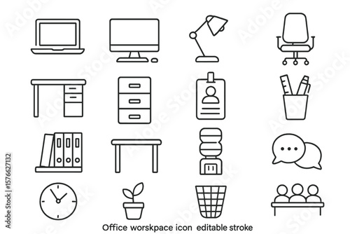 Office workspace and coworking thin line icon set. Business workplace equipment and furniture collection. Vector linear symbols with editable stroke for web and mobile ui.