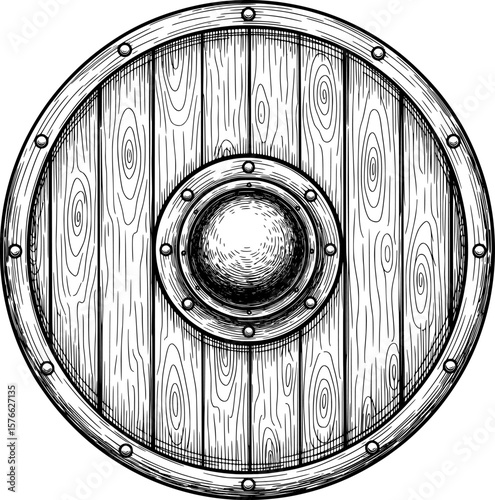 Round knight shield with metal boss and wood grain, hand-drawn style