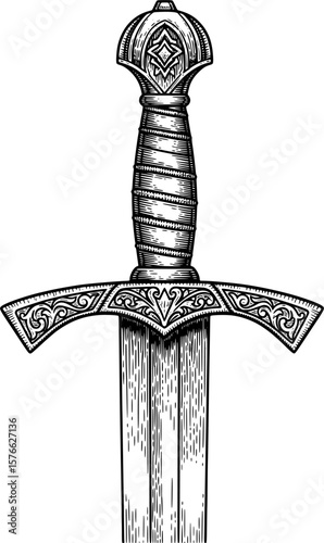 Medieval sword with detailed hilt and blade, hand-drawn style