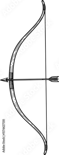 Longbow with curved arc and notched arrow, hand-drawn style