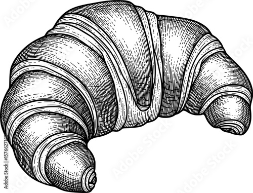 Croissant with folded buttery layers and texture, hand-drawn style