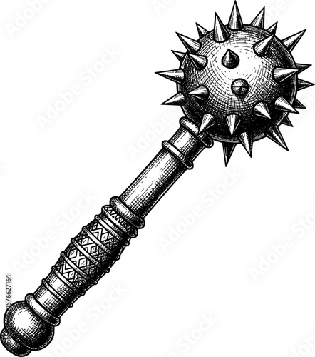 Traditional spiked mace weapon with detailed head, hand-drawn style