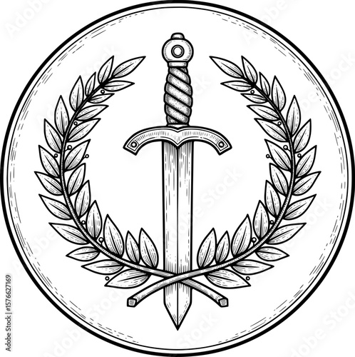 Medieval emblem with sword and laurel wreath, hand-drawn style