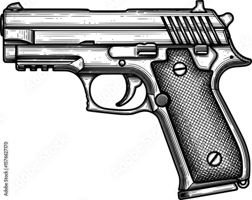 Modern pistol with safety detail and metal texture, hand-drawn style