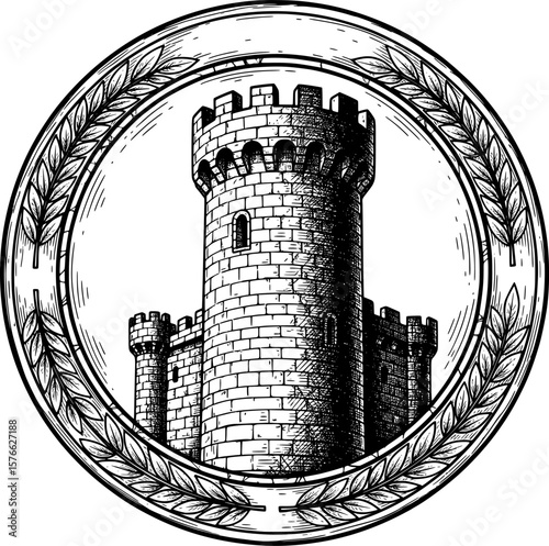 Castle tower in circular emblem frame, hand-drawn style