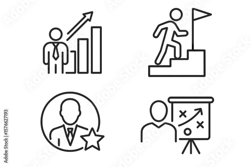 Personal growth and success icons set of 4 in line style, featuring growth, profit, career progress, business people, strategy, achievement, leadership for web and mobile.