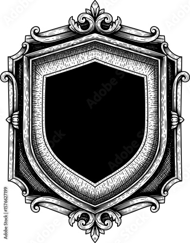 Shield-shaped logo with ornamental frame, hand-drawn style